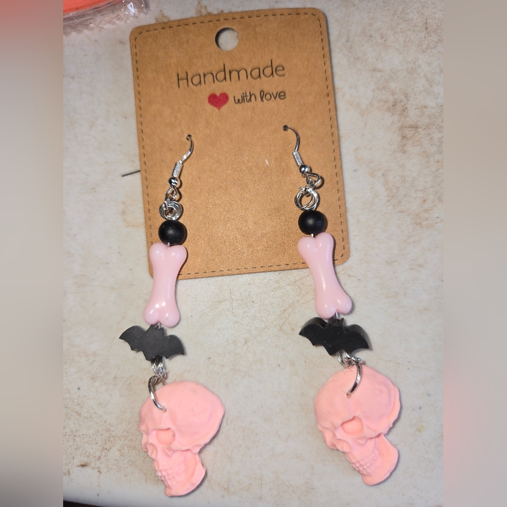 Halloween Pink Skull, Bat & Bone Earrings, 3 Inch Long, Totally Festive!
